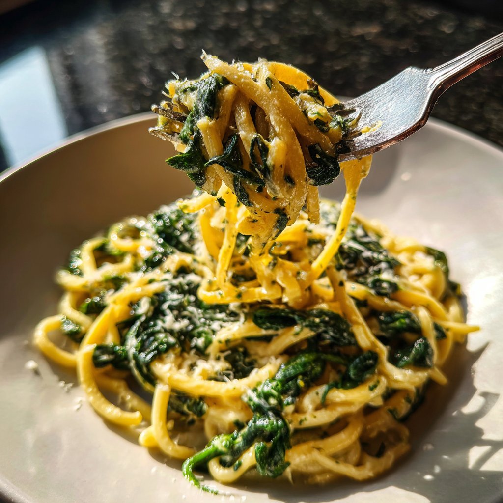 Mittagessen mit Nudeln und Spinat